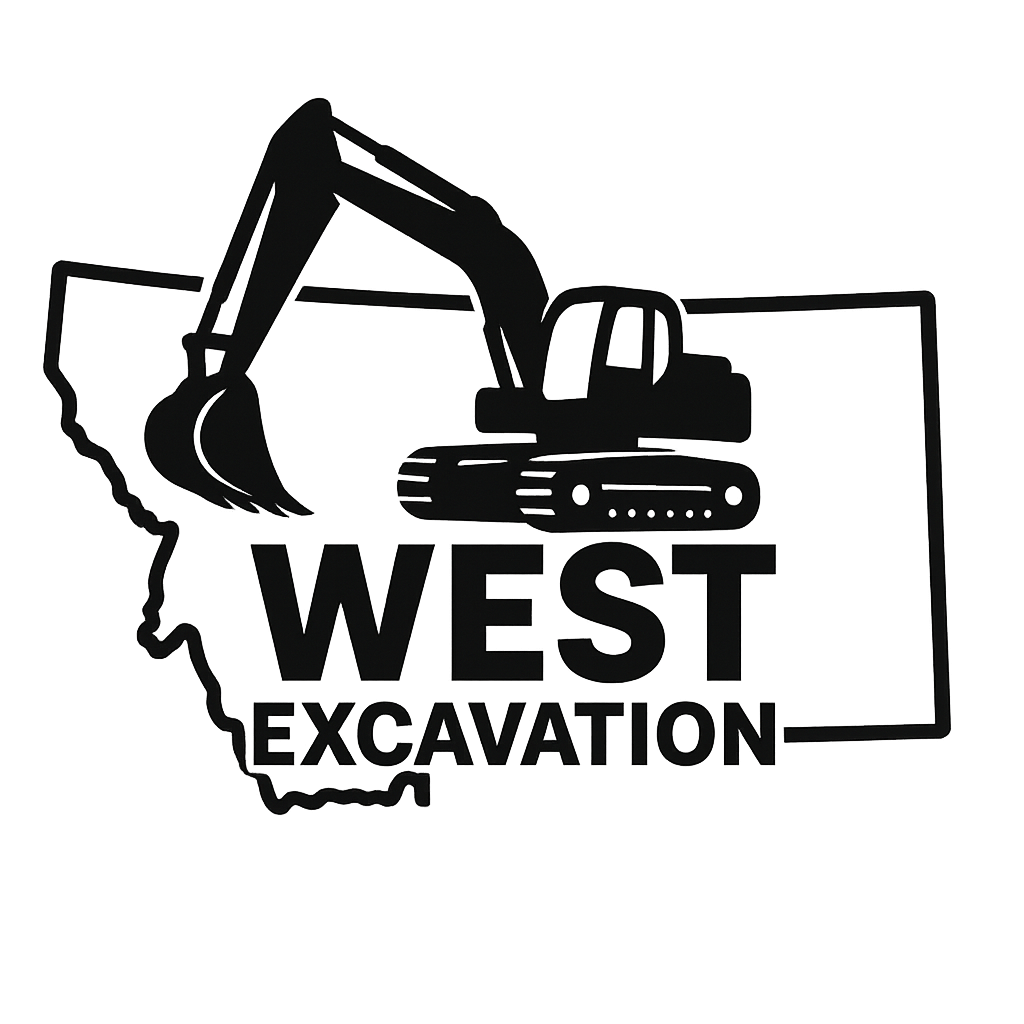West Excavation logo with an excavator above the company name and an outline of Montana in the background