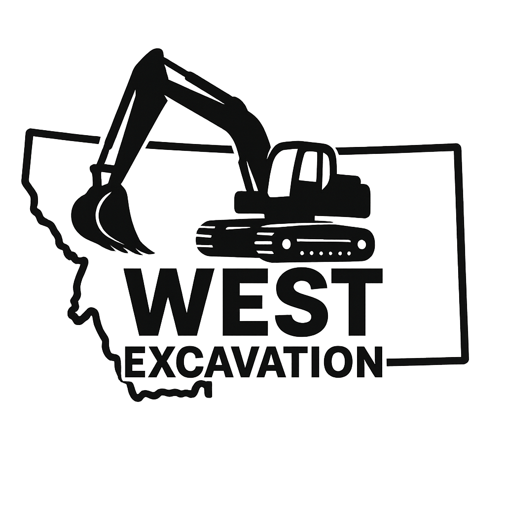 West Excavation logo with an excavator above the company name and an outline of Montana in the background